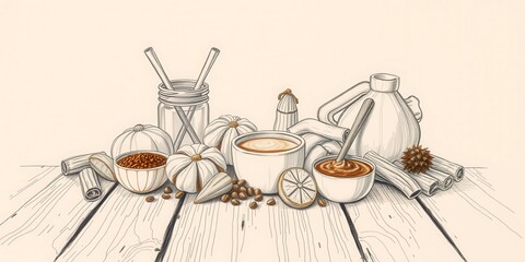 A drawing of a table with various food items and utensils, including a jar, a cup, a spoon, and a bowl. The table is set with a variety of spices, condiments, and other food items
