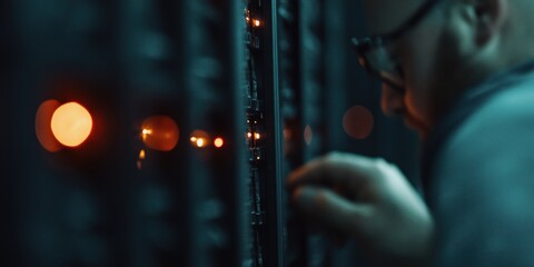 A technician is engaged with a server rack, illuminated by vibrant neon lights, capturing the essence of technology and innovation in a modern digital environment.
