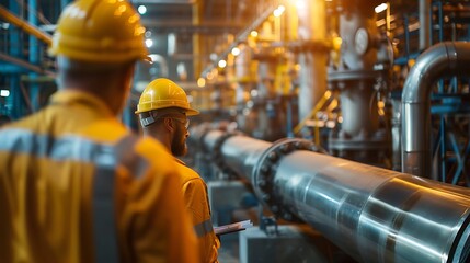 Fototapeta premium Gas and oil industrial workers working together and checking pipeline and engine pumps in factory.