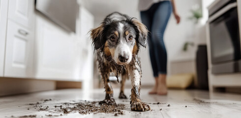 A muddy dog enters a tidy kitchen, leaving paw prints on the floor. The owner is seen in the background, likely surprised by the mess. Sunlight brightens the space.