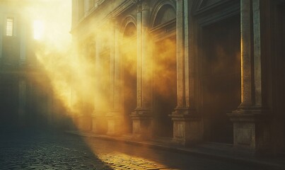 Obraz premium Sunlit cobblestone street, ancient building, morning mist, historical city, travel photography