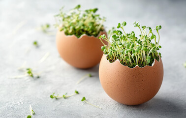 Easter decorations with microgreens in eggshells