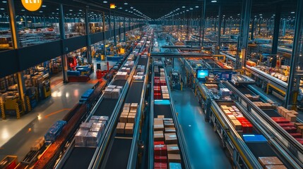 logistics hub with packages being sorted rapidly by machines, symbolizing the speed and efficiency of modern delivery systems
