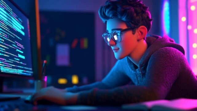 generative video. A cute boy is learning programming