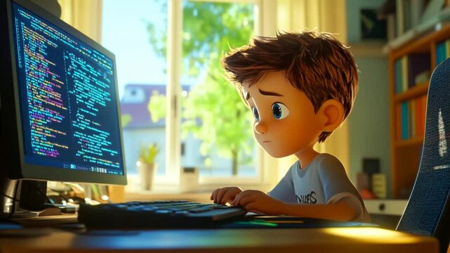 generative video. A cute boy is learning programming