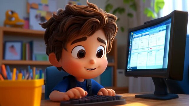 generative video. A cute boy is learning programming