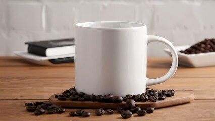 White coffee mug on wooden table with coffee beans. Perfect for coffee shop, cafe, or beverage menu design