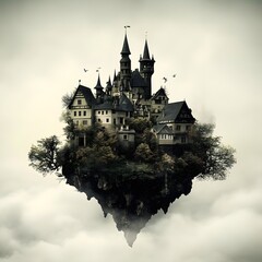 Obraz premium A fantastical floating castle surrounded by clouds, evoking a sense of wonder and mystery.