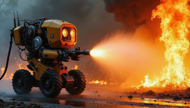 Firefighting robot spraying water on flames in a burning forest, surrounded by smoke and intense firelight, symbolizing advanced technology in disaster response and environmental protection