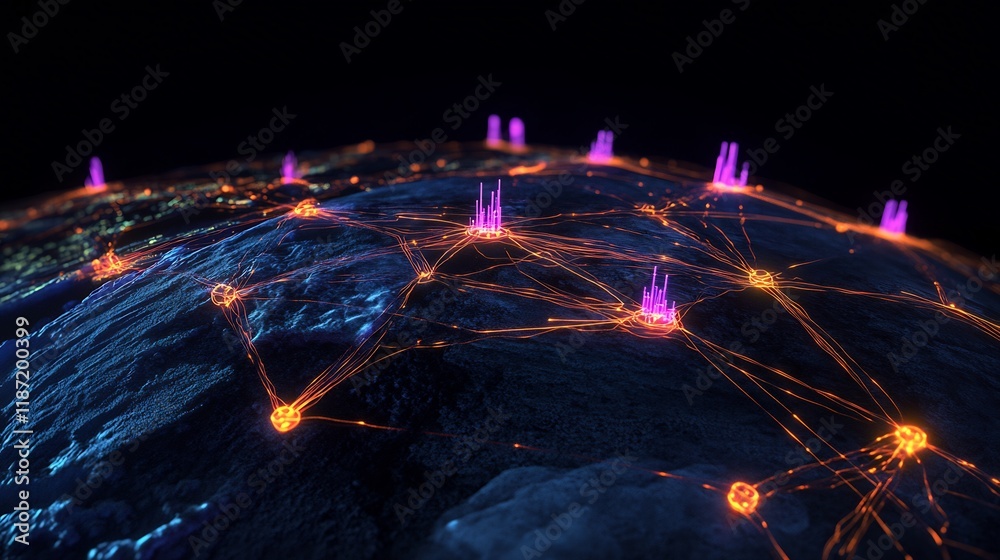Poster Outreach strategies represented glowing communication lines connecting vibrant nodes a dark futuristic globe
