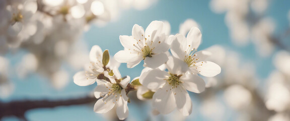 Fototapeta premium Spring Blooming White Blossoms And Sunlight In The Sky
