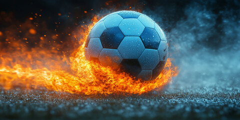 Fototapeta premium Burning soccer ball leaving fire trail on wet grass