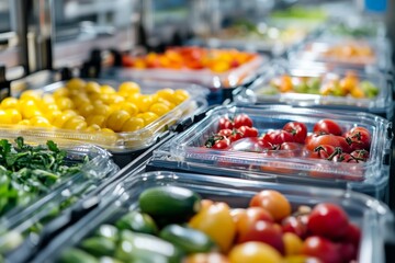 Vibrant Fresh Produce in Clear Packaging - A close-up showcases colorful, healthy vegetables in transparent containers, symbolizing freshness, abundance, health, nutrition, and market vitality.