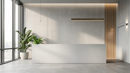 White reception counter in modern room with light gray walls. Blank registration desk in hotel, spa or office. Reception mock up with copy space for branding, logo. Contemporary style. 3D rendering.