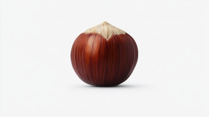 Freshly harvested chestnut with a smooth brown exterior and a pale cap resting on a gray background