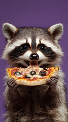 Obraz premium Funny raccoon eating a slice of pizza against a purple background 