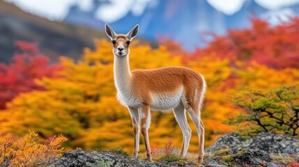 Obraz premium Guanaco stands in fall nature with mountain background, stock photo use.