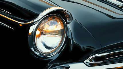 Sleek black car headlight with chrome detail. Meadowlight. Illustration