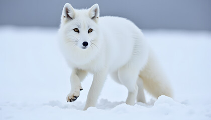 Naklejka premium Attentive Arctic Fox with Amber Eyes Against Snowy Winter Landscape
