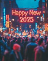 Vibrant New Year 2025 Celebration in Neon-Lit Urban Cityscape
