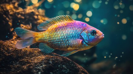 Vibrant Rainbow Cichlid Fish in Aquarium Setting A Stunning Underwater Closeup Photograph