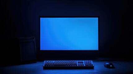 A compact computer setup glowing softly in a dark environment, symbolizing modern minimalism and focused productivity in a serene workspace.