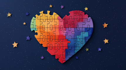 Fototapeta premium Colorful watercolor jigsaw puzzle heart with stars on dark background, symbolizing love and creativity. Perfect for art lovers and puzzle enthusiasts