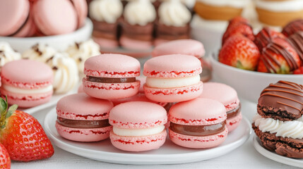 Fototapeta premium Delight in dessert table featuring pink macarons, strawberries, and assorted sweets. This vibrant display is perfect for celebrations and gatherings, evoking joy and indulgence
