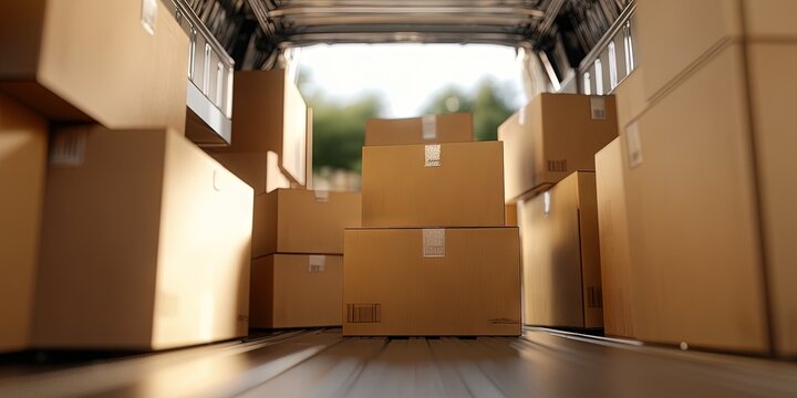 cardboard boxes stacked in delivery van