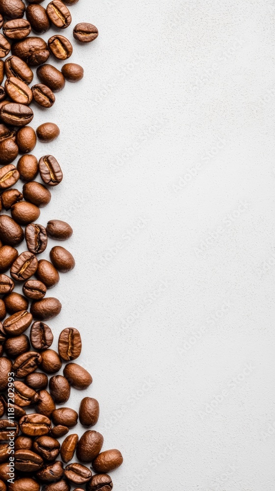 Poster roasted coffee beans are arranged in a vertical line on a white background, creating a visually appe