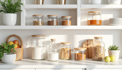 Kitchen storage jars on white shelf with plants