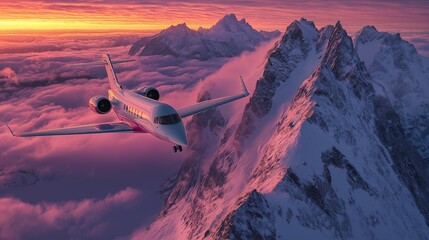 Fototapeta premium jet flying over snowy mountain peaks at dawn, capturing the adventurous spirit of long-haul travel