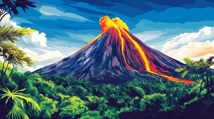 Fototapeta premium Erupting Volcano in Lush Tropical Jungle Landscape