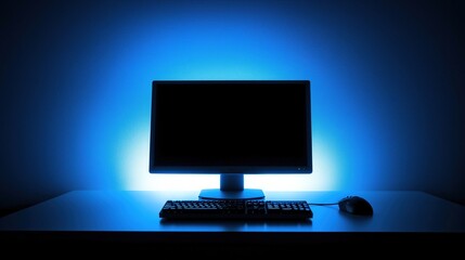 Fototapeta premium A compact computer setup glowing softly in a dark environment, symbolizing modern minimalism and focused productivity in a serene workspace.
