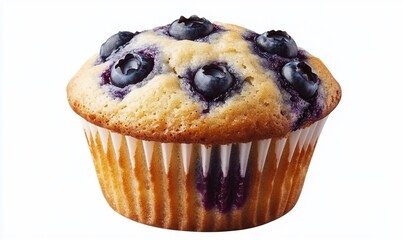 Single blueberry muffin, close-up, on white background. Possible use Food photography