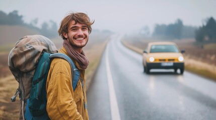 Naklejka premium hitchhiker with a backpack and a big smile standing by a roadside, with a passing car driving off into the distance