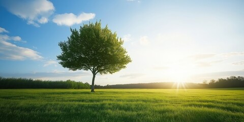 Obraz premium A beautiful solitary tree backlit by the golden rays of a setting sun, creating a stunning silhouette against a vast field and a vibrant sky.