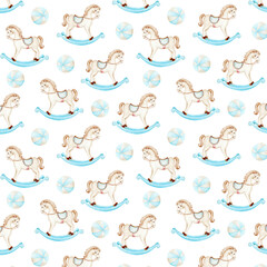 Obraz premium Watercolor pattern with repeated images of children's toys. It depicts cute rocking horses and balls with white stripes. Ideal for baby products, fabrics, wallpaper and other projects where a baby