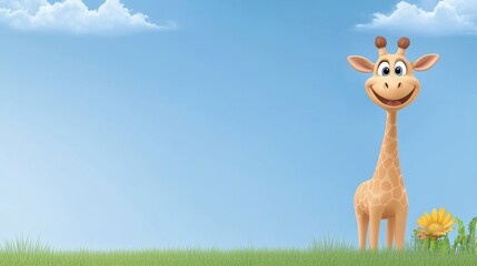 Cheerful Giraffe in Sunny Meadow - Happy cartoon giraffe smiling against a bright blue sky and green grass, symbolizing joy, friendship, nature, innocence, and springtime.
