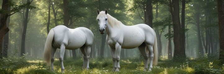 Obraz premium Majestic white horse standing in a forest clearing, wild, white horse, trees, majestic, serene