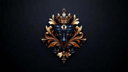 Majestic regal fox in a golden crown, adorned with ornate details. Dark elegance.