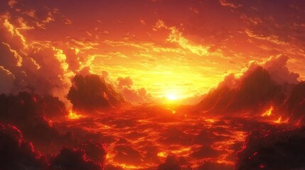 Fototapeta premium Fiery Lava Sunset Landscape Volcanic Mountains and Burning Sky