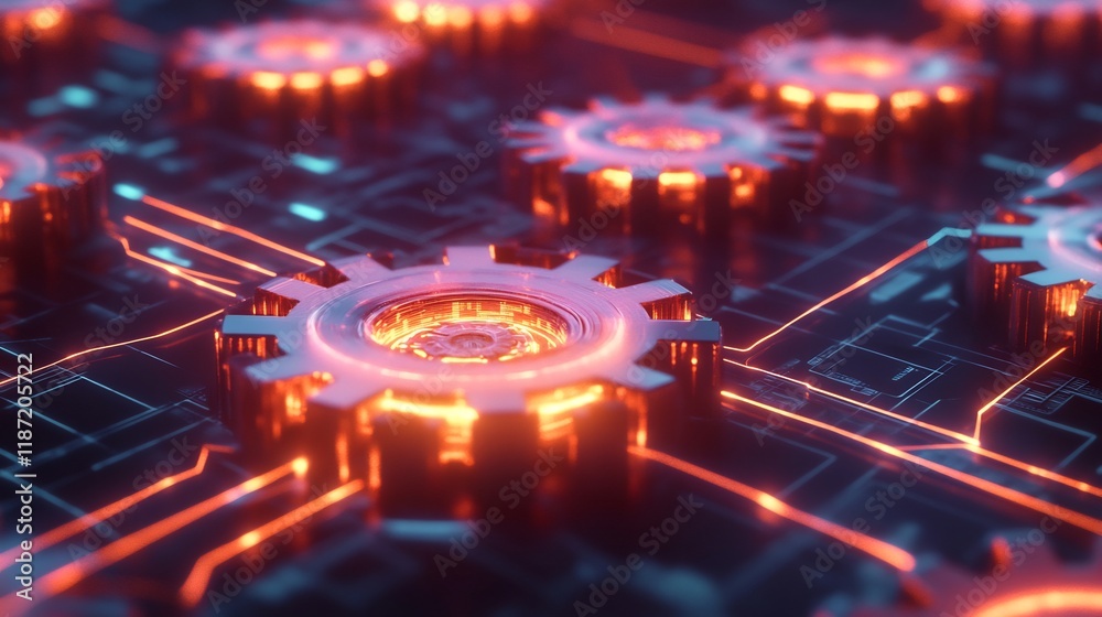 Poster Marketing automation system visualized glowing gears transferring data across radiant pathways