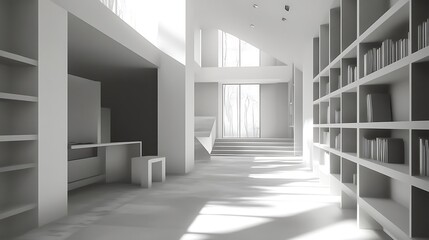 Obraz premium Modern design with built-in shelves and a monochromatic palette 