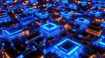 Obraz premium Neon Microchip City Grid Animation with 3D Spinning Lines