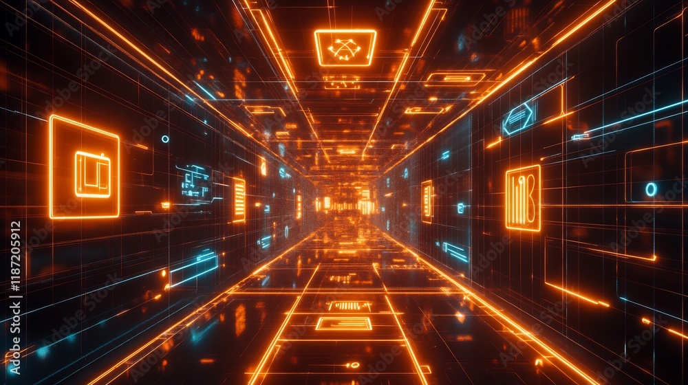 Poster marketing communications depicted glowing icons dynamic radiant pathways connecting elements