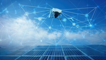 Firefly drone flying over solar panels, capturing data and monitoring energy efficiency in a detailed aerial view