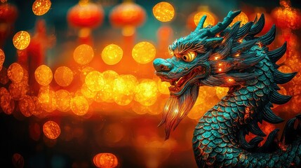 Dragon statue amidst glowing lanterns during festive celebration.