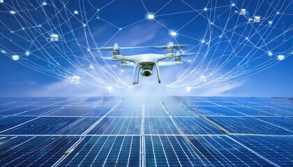 Flying drone surveying solar panels, showcasing the integration of technology in renewable energy collection and monitoring