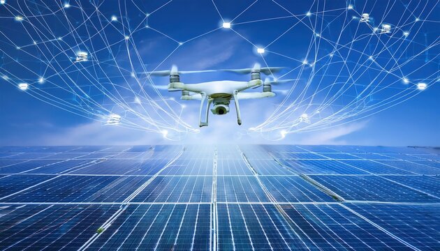 Flying drone surveying solar panels, showcasing the integration of technology in renewable energy collection and monitoring